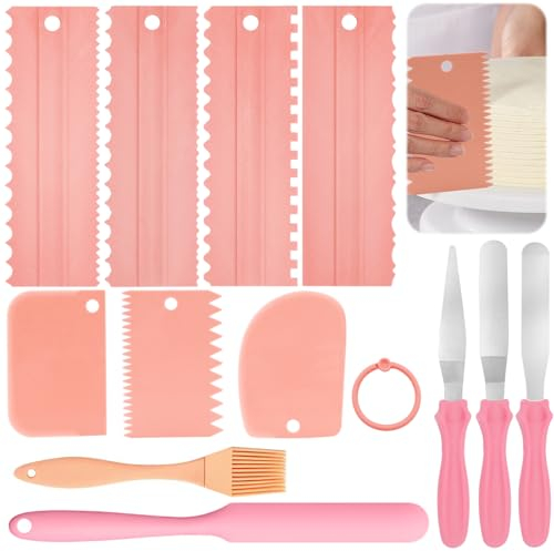 Samulee Juego de 12 Raspador de Pastel, Raspador de Peine, Raspadores para Decoración, Rascador de Masa para Repostería, Alisador de Fondant Ajustable para Decorar el Borde de un Pastel (Rosa)