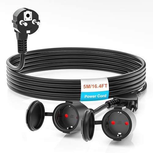 Verlängerungskabel Schuko mit 2 Steckdosen, IP44 Verlängerungskabel Wasserdicht, 5M Stromkabel Verlängerung - Außentauglich, für Garten, Werkstatt, Baustelle (16A/250V, Schwarz)