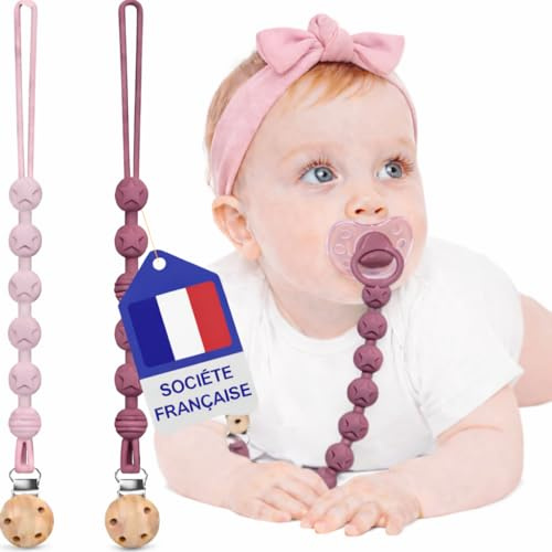 Attache Tetine (2 Couleurs) Attache Sucette [Société Française] | Accroche Tétine Bebe - Cordon En Silicone de Haute Qualité Testé & Approuvé (Rose Foncé/Rose Clair)