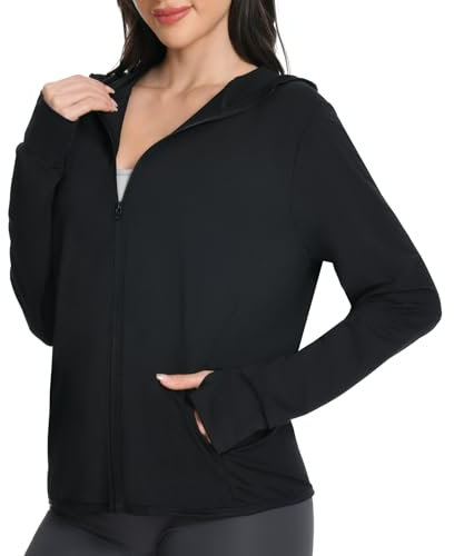 QXURkut Veste de Sport Femme avec Capuche, Veste Protection Solaire UPF50+, Manche Longue Sweat Légère Zippé Sun Hoodie avec Poches pour Running Randonnée (Noir, XL)