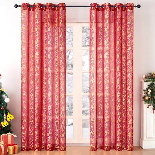 MRTREES Tenda Camera da Letto Moderna corte Rosse Tende Natalizie per Finestre 140 X 280 cm Tenda Semioscurante con Occhielli 2 Pezzi,con motivo di renne dorate