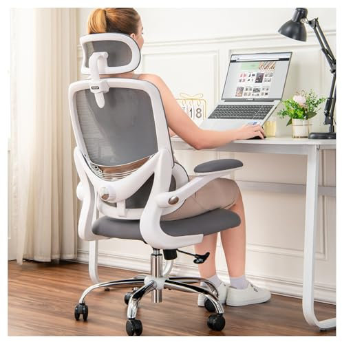 TONFARY Ergonomischer Bürostuhl für Zuhause, hoher Netzrücken, mit Verstellbarer Lendenstütze, klappbare Armlehnen, abnehmbares Kopfstütze, drehbarer Gaming-Stuhl, platzsparend, 150KG (Weiß+Grau)