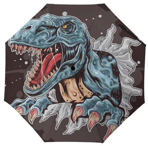YBQLNP Automatischer Regenschirm Blauer Dinosaurier Taschenschirm Winddicht Sturmfest Für Herren Damen Teenager