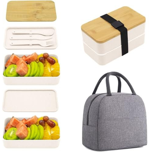 Lunch Box, Bamboo Bento Box with Compartments and Utensils Stackable Lunch Box, Includes Lunch Bag for Meal Prep Adult Lunch Container Microwavable Dishwashable white