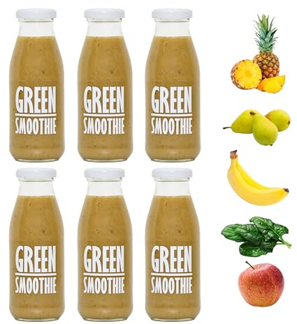 PRESSUICE Green Smoothies - 6 Smoothie Bottles To Go - 6 x 240 ml | Apple, Pear, Banana, Kiwi, Pineapple, Spinach, 100% Juice and Puree, Not From Concentrate, No Added Sugar, No Additives