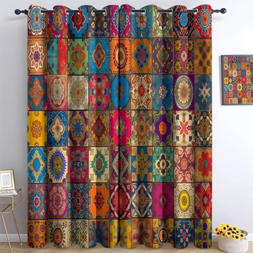 Verdunkelungsvorhang mit Böhmischem Mandala Patchwork, Boho Vorhäng Blickdicht 2er Set, Traditionelle Indische H 200 x B 70 cm Gardinen Thermogardinen für Schlafzimmer Wohnzimmer, Bunt Ethno