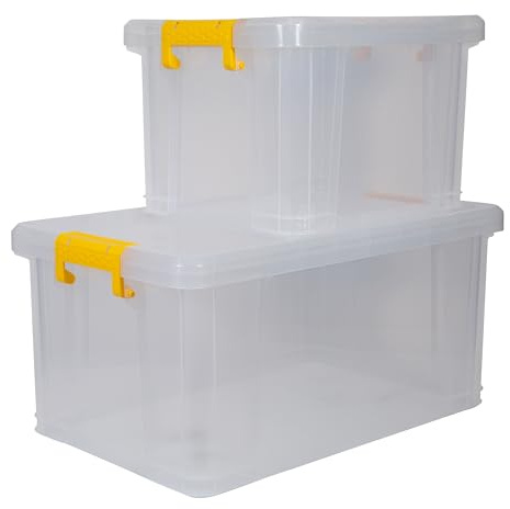 Strata Stack Master Aufbewahrungsbox 35L + 70L Set, robustes, durchsichtiges Kunststoffdesign, stapelbar und verschließbar, gelber Griff, ideal für die Organisation zu Hause und im Büro