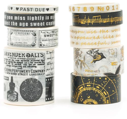 Songdao Weinlese Washi Tape Set 8 Rollen Retro Dekoratives Rauschgold Klebeband Bunt für Scrapbooking, Bullet Tagebuch, Planer, Geschenkverpackung (Black White)