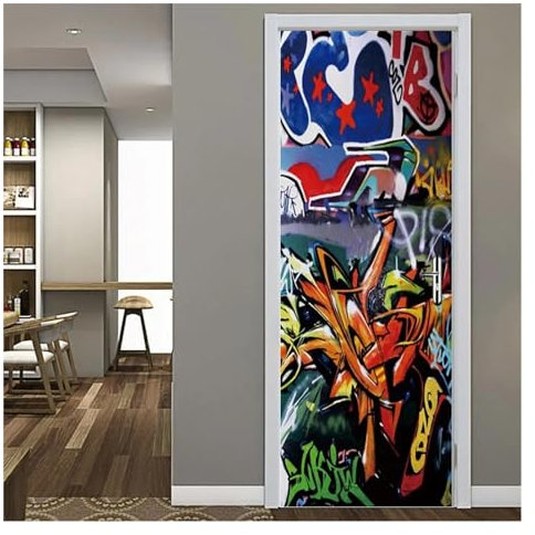 Türtapete Selbstklebend Farbe Graffiti Tür Aufkleber Hip Hop Hippie Kunst Selbstklebende Tapete Für Jugend Jungen Schlafzimmer Wandbild Türen Cover Poster(M,95x215cm)