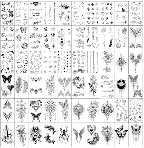 Temporäre Tattoo für Gesicht Körper,120 Blatt Temporäre Tattoos Erwachsene | Schwarz Klebetattoos, Wasserdichte Temporäre Tattoos mit Blumen