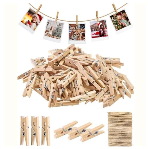 HSTWODE Garten Kordel mit 50 Wäscheklammern Bastelschnur Jute Kordel, Natur Juteschnur Clothespins Verpackung Gastgeschenk,Mini Holzklammern (7.2cm*1cm)