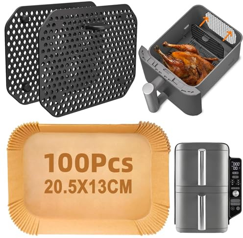 Accessoires Air Fryer, 2 Pcs Grille Anti Projection en Silicone Réutilisables et 100 Pièces 20,5 x 13cm Papier Cuisson pour Air Fryer Ninja Double Stack XL SL400EU SL400EUCP
