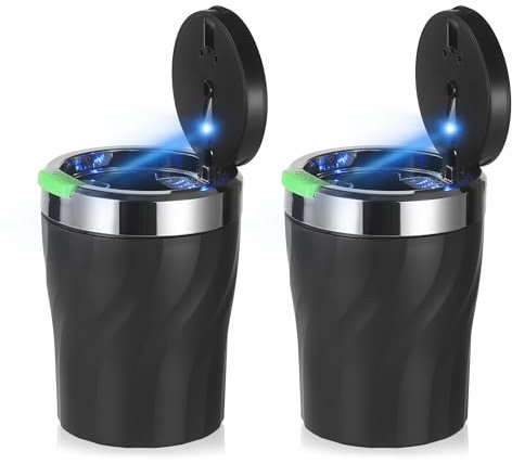 JIZZU 2 Pezzi Posacenere Auto, Posacenere per Auto con Luce LED, Posacenere Portatile con Coperchio, P osacenere Chiuso, Rimovibile, Grande Capacità, per Auto, Camion, Campeggio all'aperto(Nero)