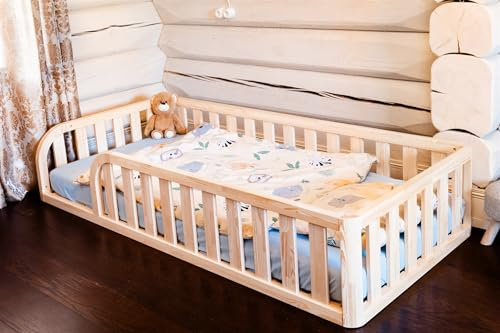 Mandrele - Montessori Bett, Bodenbett mit Lattenrost, Rausfallschutz Bett, Kinderbett, Holzbett mit Bettgestell für Jungen und Mädchen, 90x200 cm, Natur
