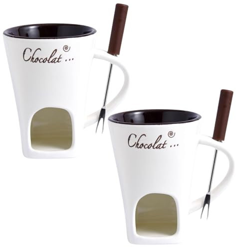 SMELEYOU 2pcs Chocolate Fondue Mug 200 ML résistant à la Chaleur en céramique Fondue avec fourchettes à Fond réutilisable la Tasse de la Nuit Anniversaire et Cadeaux de Mariage Blancs et Blanc
