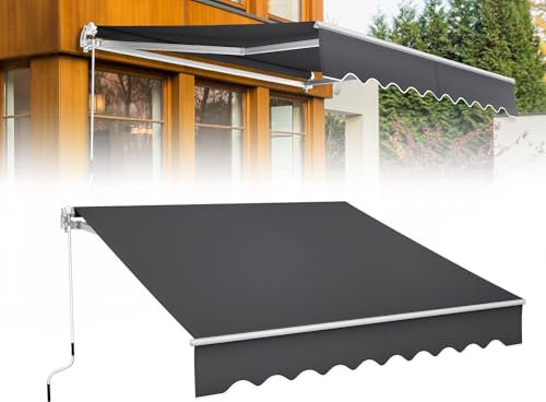 Froadp Toldo de balcón de 250 x 200 cm, con brazo articulado, aluminio, manivela manual, toldo sin agujeros, para terraza y porche, resistente a los rayos UV, impermeable, protección solar, color gris