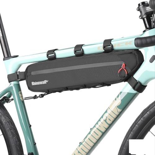 Rhinowalk Sacoche de cadre de vélo, étanche, avec compartiments latéraux, porte-pompe, guide-câbles, réfléchissante, pour VTT, vélo de route, gravel (noir, 2,1 l)