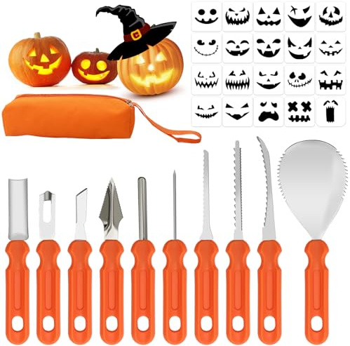 Votoko Halloween Kürbis Schnitzset, 31-teiliges Schnitzwerkzeug Kürbis mit Aufbewahrungstasche und 10 Kürbis Schnitzschablonen, Edelstahl Kürbisschnitz Set für Erwachsene und Kinder