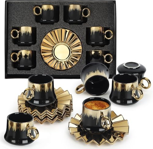 12-teiliges Set mit türkischen Kaffeetassen und Untertassen, 105 ml Porzellan-Demitasse, Espressotasse aus Keramik mit Rand und stapelbaren Untertassen, ideal für Espresso, Tee, Latte (Schwarzes Gold)