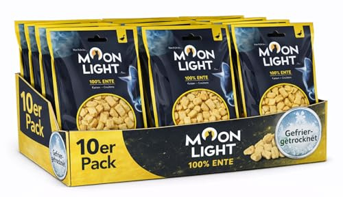 Moonlight Katzen-Croutons, 10 Päckchen – Ente, gefriergetrocknet, 100% Ente, Premium Katzensnack & Topping, kross & pur, ohne Getreide & Zucker