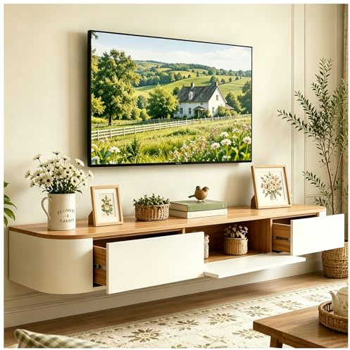 JUNFUNNLE Schwebende TV Schrank 180cm Beige, TV Lowboard Hängend mit 2 Schubladen & 1 Klappen Türen, TV Board Hängend mit Kabelmanagement, Hänge Sideboard für Wohnzimmer und Esszimmer