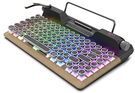 VBESTLIFE Teclado de Juego Mecánico Inalámbrico Retro de Máquina de Escribir con Bluetooth 5.0, 84 Teclas, Interruptores Azules, Teclado Redondo Punk, Luz de Fondo de RGB, Reposo en la