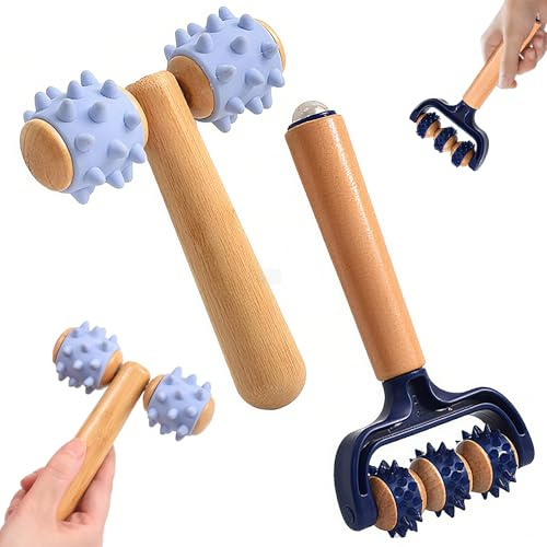 Massageroller Set Mit Griff – 1 Stk. T-Form Drei-Rad massageroller Und 1 Zwei-Rad Massagerollers, Igelball-Integriert, Self-Massage Werkzeug Für Beine, Rücken, Arme, Schultern, Muskelentspannung(Blau)