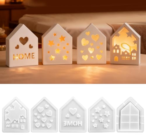 5 Stück Silikonformen Gießformen Weihnachten für Haus, Silikonform Haus, Gießform Silikon Häuser, Weihnachten Giessformen Kerzenform, Häuser Gipsformen, Epoxidharz Formen für DIY Bastelarbeiten