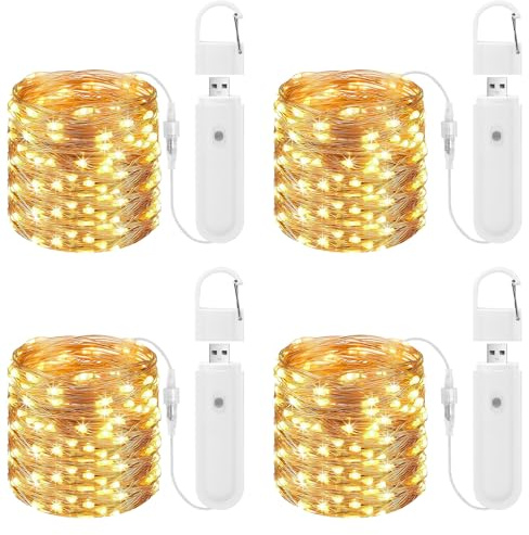 Diealles Shine Guirlande lumineuse à piles, 4 x 10 m, 100 LED, fil de cuivre rechargeable avec 8 modes/minuterie/télécommande pour éclairage intérieur, chambre, décoration de mariage, fête, Noël