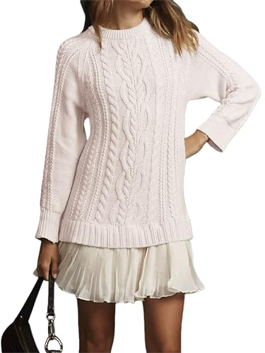 BeerMmay Mini abito da donna a girocollo lavorato a maglia, a maniche lunghe, casual, con gonna a pieghe in stile Twofer patchwork, Albicocca, S