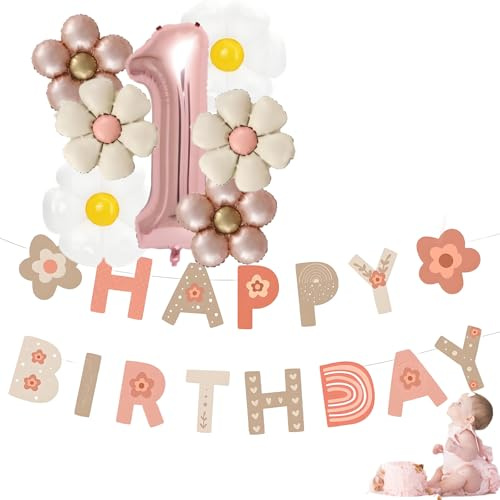1 Geburtstag Mädchen Deko Roségold, Geburtstagsdeko 1 Jahr Mädchen Banner, Gänseblümchen Folienballons Geburtstagsgirlande für Geburtstag Party Dekoration