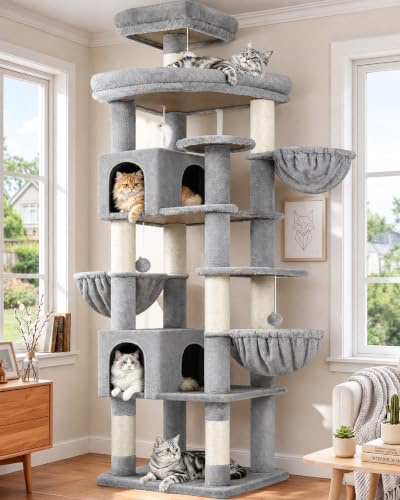 Globlazer S82 Kratzbaum Groß XXL Stabil 210cm für Mehrere Große Katzen | Luxus Katzenbaum mit mit 2 Katzenhaus, Große Plattform, 3 Korb, Sitzstangen, für 3-5 Große Katze Ausruhen Spielen Kratzen