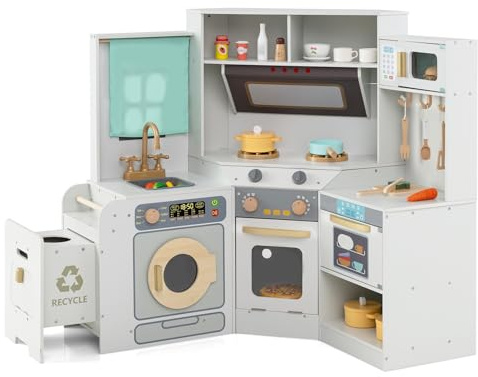 COSTWAY Barnkök med Leksakstillbehör, Hörnkök med Ljus och Ljud, Träkök med Utdragbar Soptunna, Diskbänk och Mikrovågsugn, Leksakskök för Barn Från 3 År Vit