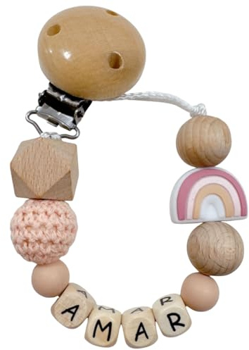Glücksperle Schnullerband mit Namen für Mädchen & Jungen personalisierte Baby Geschenke mehrere Modellen & Farben (Peach)
