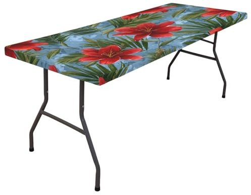 SEINDUS Exotic Tropical Lily and Golden Palm Rectangle Table Cloth, 48x30 inch Elastic Fitted Tablecloths for Picnic, Stretch Washable Patio Table Cover for Outdoor, Camping, Banquet and Parties
