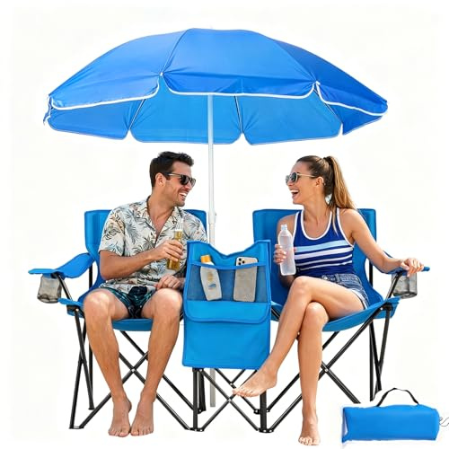 2-person Folding Camping Loveseat Chair With Umbrella, Beverage Holder, Cooler Pocket & Side Table, Lightweight Portable Foldable Chair With Carry Bag For Outdoor Travel Concerts Blue