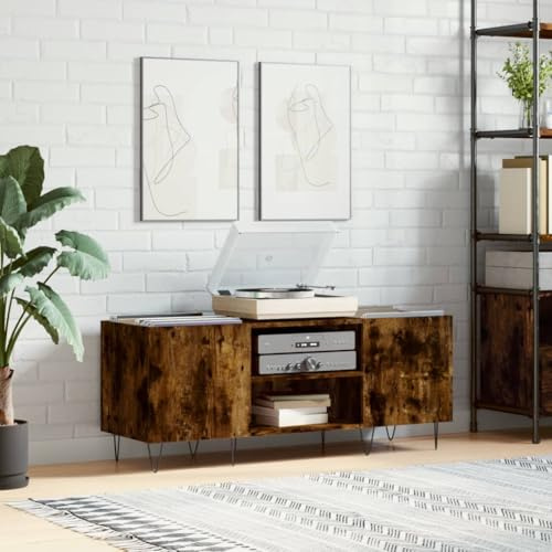 Mangloder Skivskåp rökek av trämaterial och järnben, 121 x 38 x 48 cm, lagringsutrymme för LP-skivor skivspelare, vardagsrum, hemmabio, TV-bräda optik