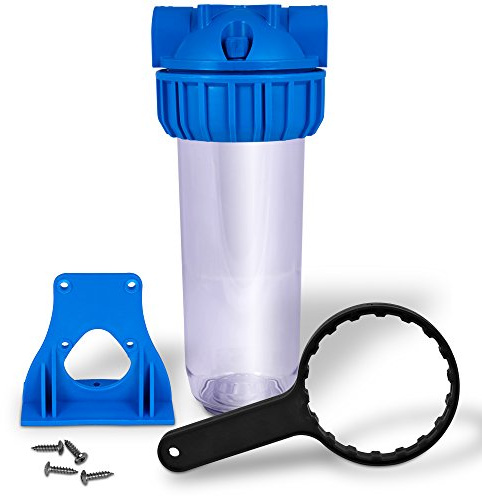 10 inch Transparent Standard Water Filter Housing, Presser Relief Button, 3/4” Inlet/Outlet Brass Port, Accepts Standard 10”x 2.5” Cartridges, 3/4” Brass Port, Mounting Hardware Included (1 set)