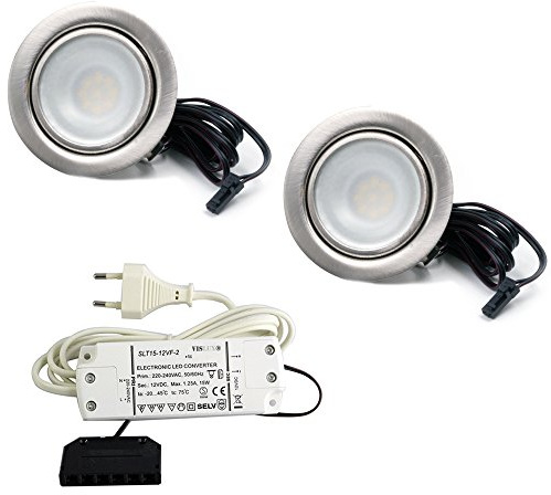 vislux 2er Set LED Einbaustrahler Möbelleuchte Möbeleinbaustrahler flach 2,7W LED 12V/ DC warmweiß 3000K / 200Lm Farbe Edelstahlgebürstet + 15Watt LED Trafo 230V