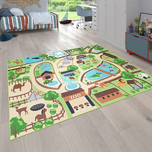 Paco Home Kinder-Teppich Für Kinderzimmer, Spiel-Teppich, Zoo Mit Tiger, Bär, Löwe, rutschfest Bunt, Grösse:240x340 cm