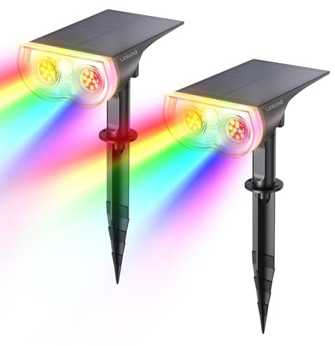 Linkind Bunt Solarlampen für Außen, RGB+Weiß Solar Strahler Garten mit 10 Lichtmodi, Solar Außenleuchte 2 in 1 Montage, Dusk to Dawn IP65 Solarleuchte StarRay für Bäume, Vorgarten, Hof, 2 Stück