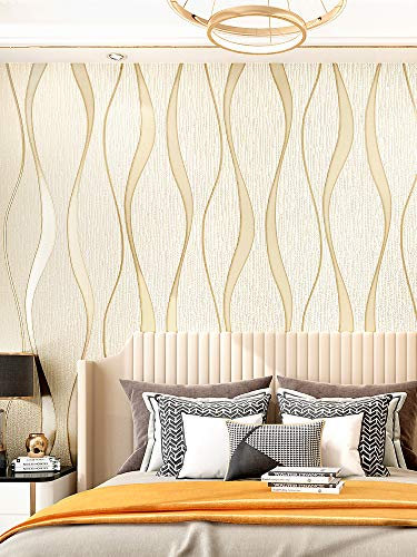 Rouleau de papier peint intissé moderne à rayures abstraites brillantes pour chambre à coucher, salon - Beige - 9,5 x 0,53 m