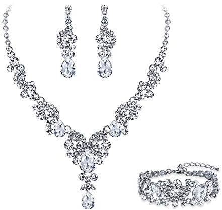 EVER FAITH Kristall Schmuckset Hochzeits Braut Art Deco Floral Teardrop Halskette Ohrringe und Armband Set