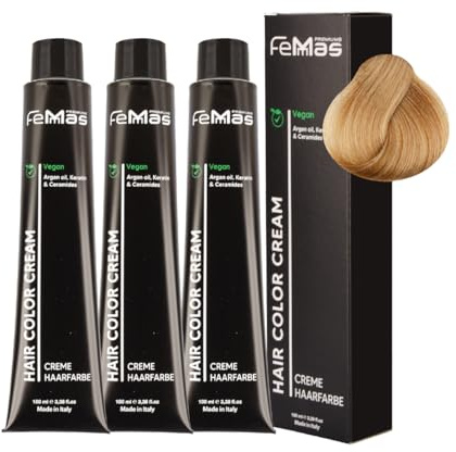 FemMas Hårfärg 3 x ljusblond guld 8,3 I grädde hårfärg med arganolja, keratin och ceramider I Som permanent hårfärg eller nyans för strålande, hållbara färgresultat I 100 ml