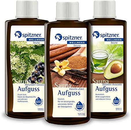 Spitzner Saunaaufguss-Set in Geschenkbox Gourmet und Genießer: Vanille-Zimt, Holunder-Cassis und Grüntee-Avocado (3x190ml)