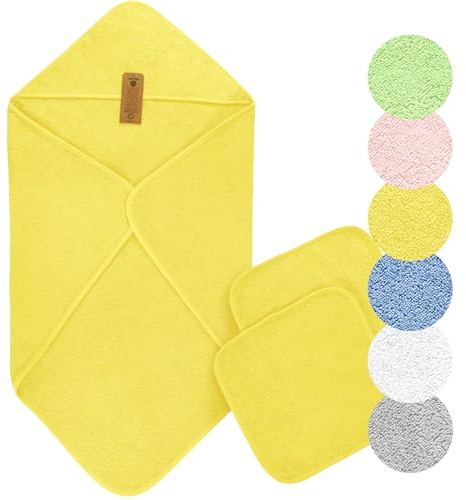 Arus Baby-Kapuzenhandtuch-Set aus Bio-Baumwolle mit 2 Baby-Waschlappen, Gelb, 90 X 90 cm