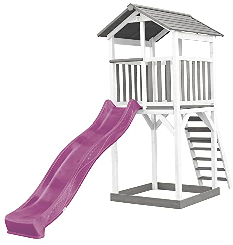 AXI Beach Tower parco giochi in legno in grigio e bianco | Torre di gioco per bambini con sabbiera e scivolo viola | Casa per bambini su palafitte per il giardino