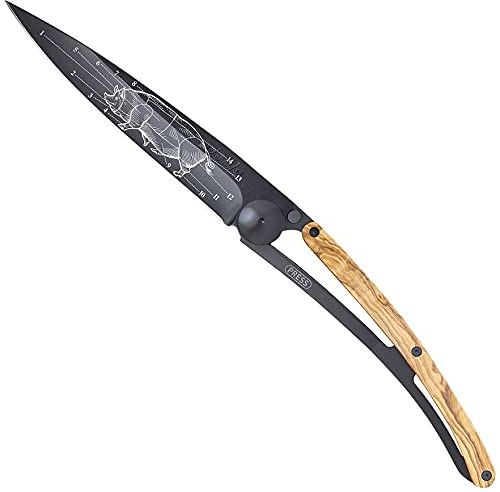 Deejo - Couteau 390G Copains comme Cochon - Manche en Bois d'Olivier, Lame en Acier Inoxydable 3CR13, Finition Titane Noir - Fine Gravure Laser - Couteau Pliant d'Envergure
