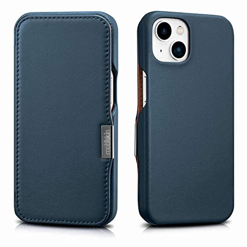 Mobiskin Hülle für iPhone 13 (6,1 Zoll), Case mit Leder, Blau | Handyhülle mit echtem Leder, Schutzhülle, dünne Handy-Tasche, slim Cover, Klapphülle, Etui seitlich aufklappbar