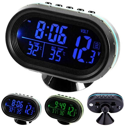 Ruspela Auto Thermometer Digitaluhr Auto Fahrzeuge Dual Temperaturanzeige Voltmeter Uhr (Blau)